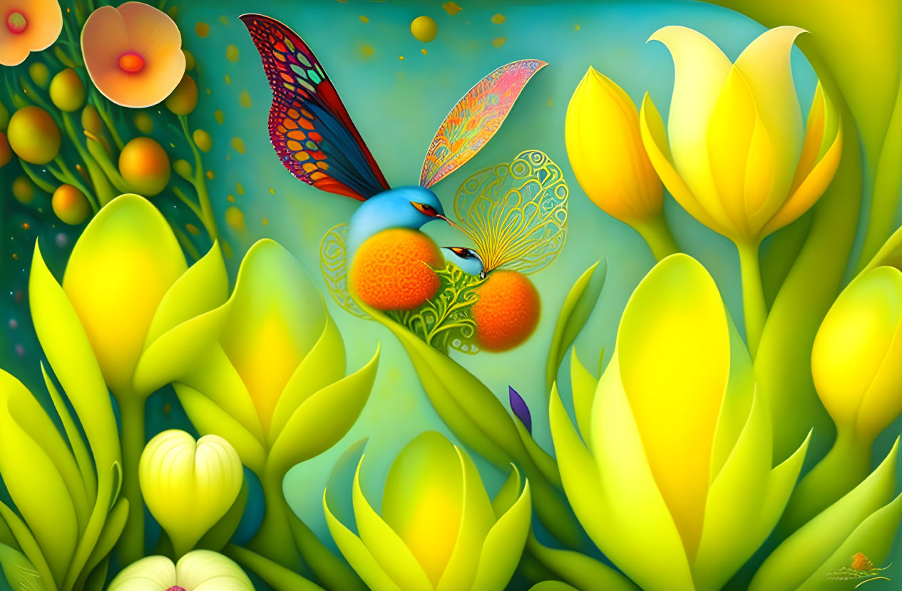 Colorful Stylized Bird with Butterfly Wings Among Yellow Flowers and Greenery