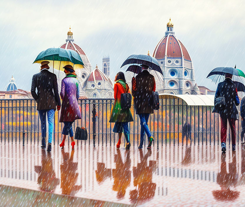 Rainy day scene: People with umbrellas at Florence Cathedral