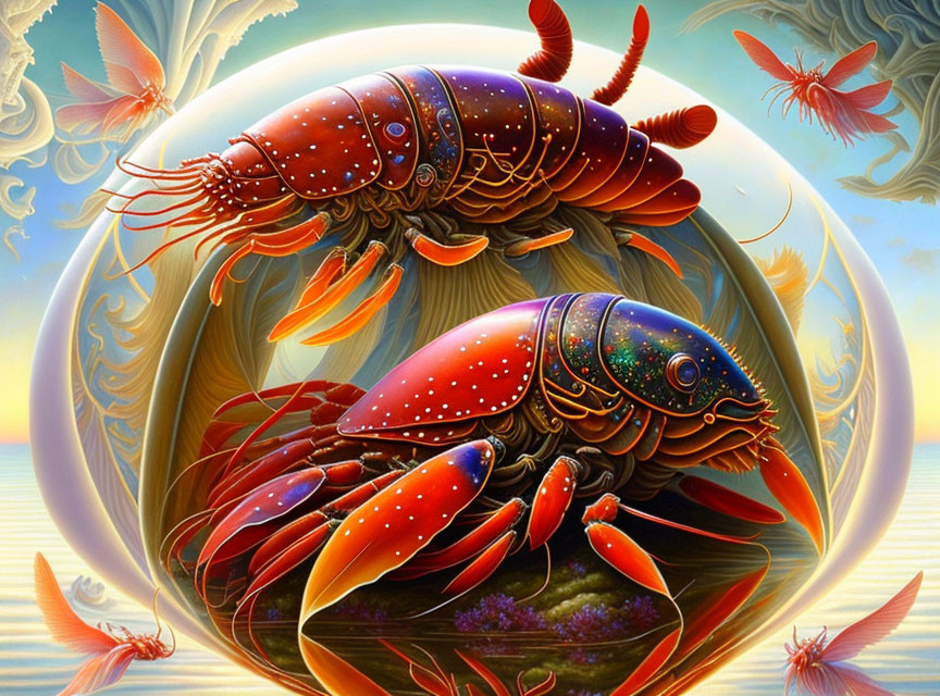 Vibrant surreal lobsters in fantastical setting with intricate coloring