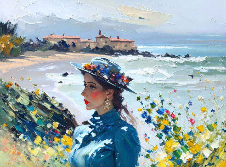 Elegant lady in blue outfit with flower hat on beach overlooking coastal villa