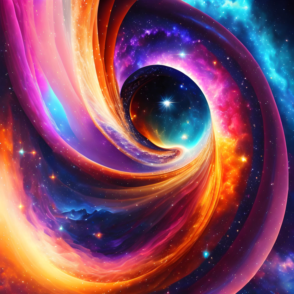 Colorful digital artwork: Cosmic swirl of galaxy and nebula with stars.