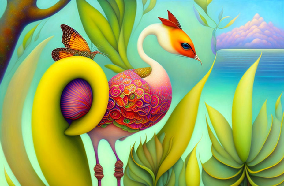 Colorful Stylized Swan and Butterfly in Surreal Painting