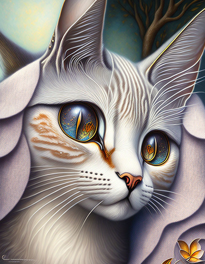 Illustrated White Cat with Oversized Eyes in Cosmic Scene