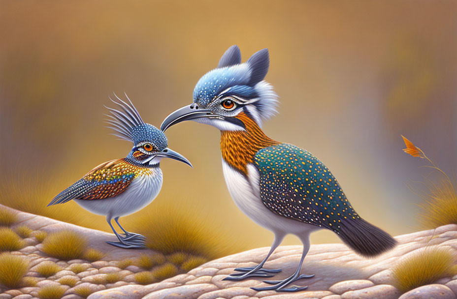 Vibrant colorful birds with intricate plumage in soft-focus natural setting