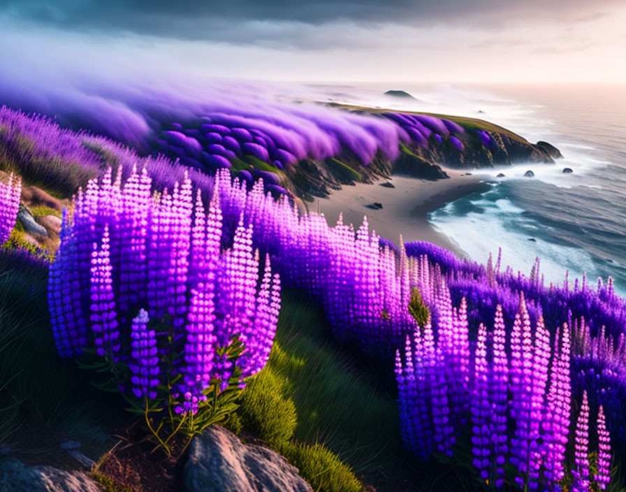 Purple lupin flowers in misty sunset coastal view