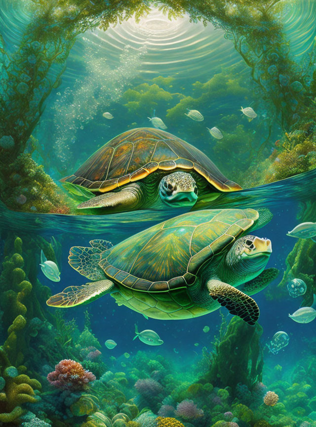 Vibrant underwater scene with sea turtles, coral, and fish