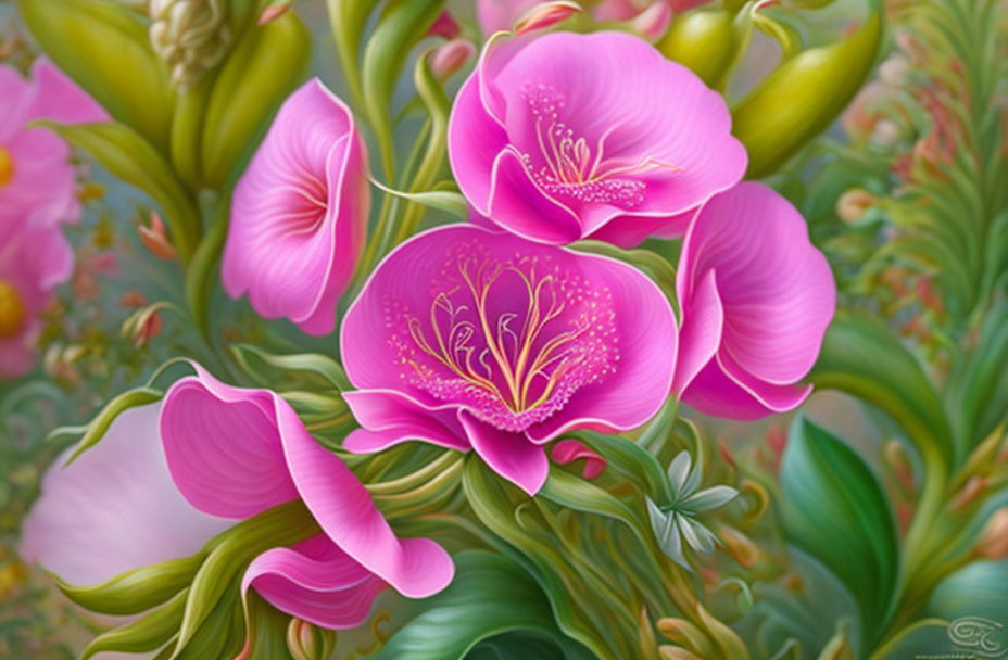 Detailed Realistic Art of Vibrant Pink Flowers with Prominent Stamens