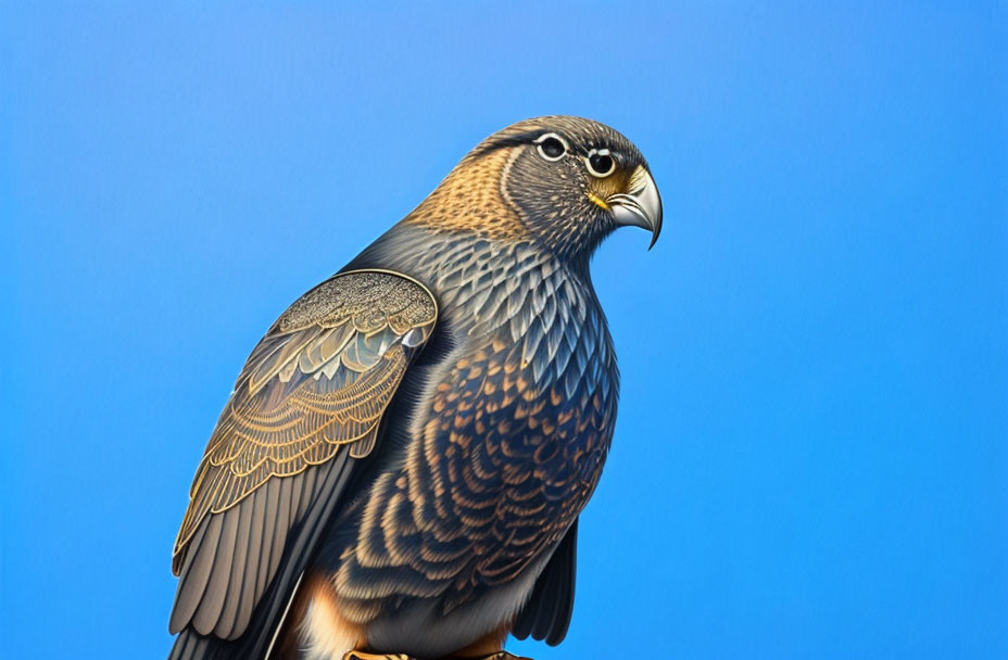 Detailed Falcon Illustration: Brown and Cream Feathers on Blue Sky