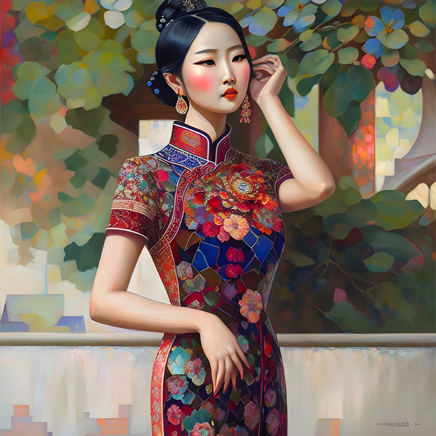Elegant woman in vibrant floral qipao against colorful background