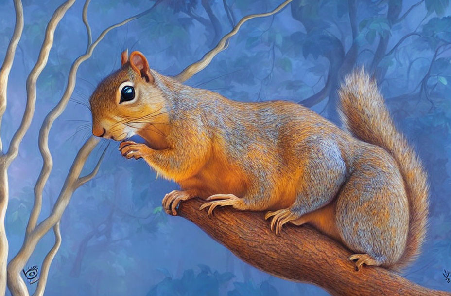 Detailed illustration: squirrel on tree branch in lush, blue forest