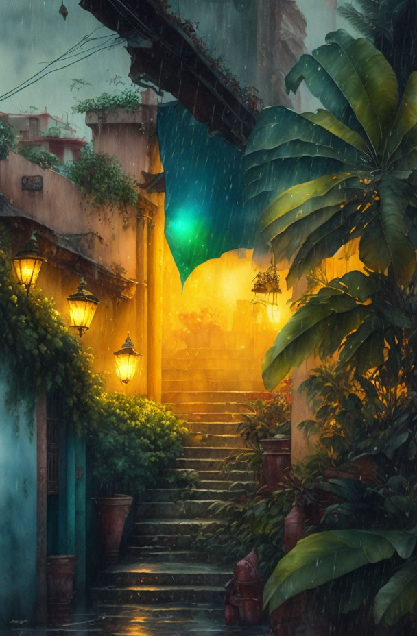 Tranquil alleyway stairway in warm light with rain and lush greenery