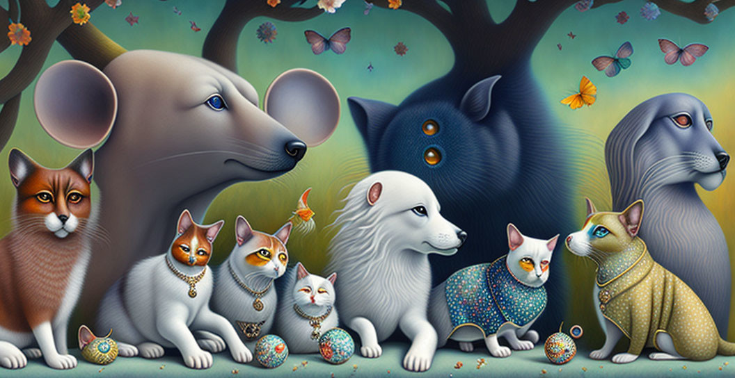 Colorful Whimsical Illustration of Animals in Forest Setting