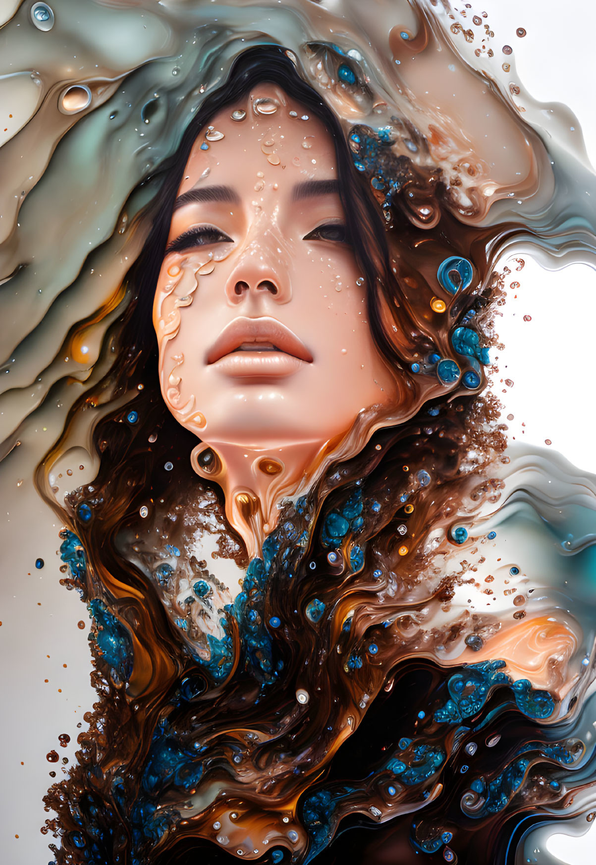Surreal portrait of woman blending into liquid waves and bubbles