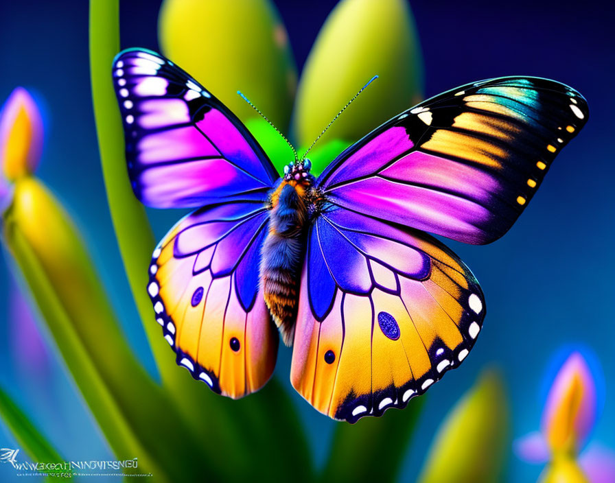 Colorful Butterfly Resting on Yellow Flower with Blue and Purple Background