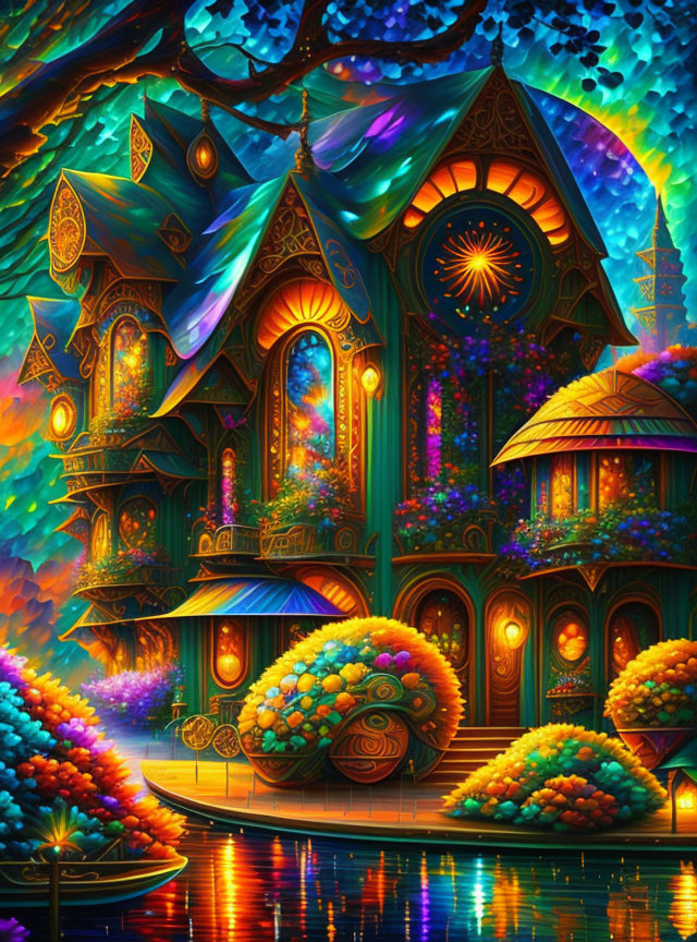 Fantasy-style illustration of vibrant house, luminous trees, and reflective water