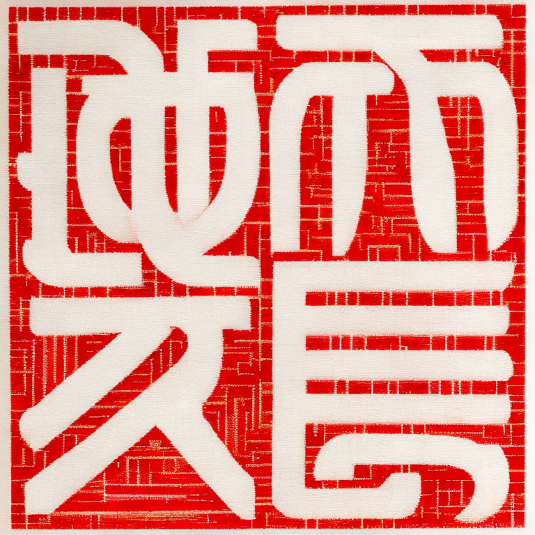 Detailed Chinese calligraphy on red background with geometric patterns