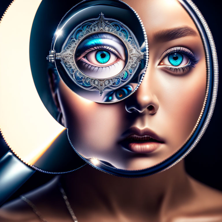 Woman with mechanical eye: Detailed digital art in vibrant blue colors