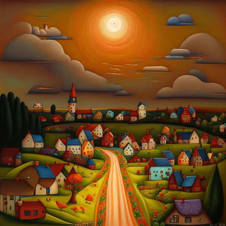 Colorful village painting with church steeple and sunset sky