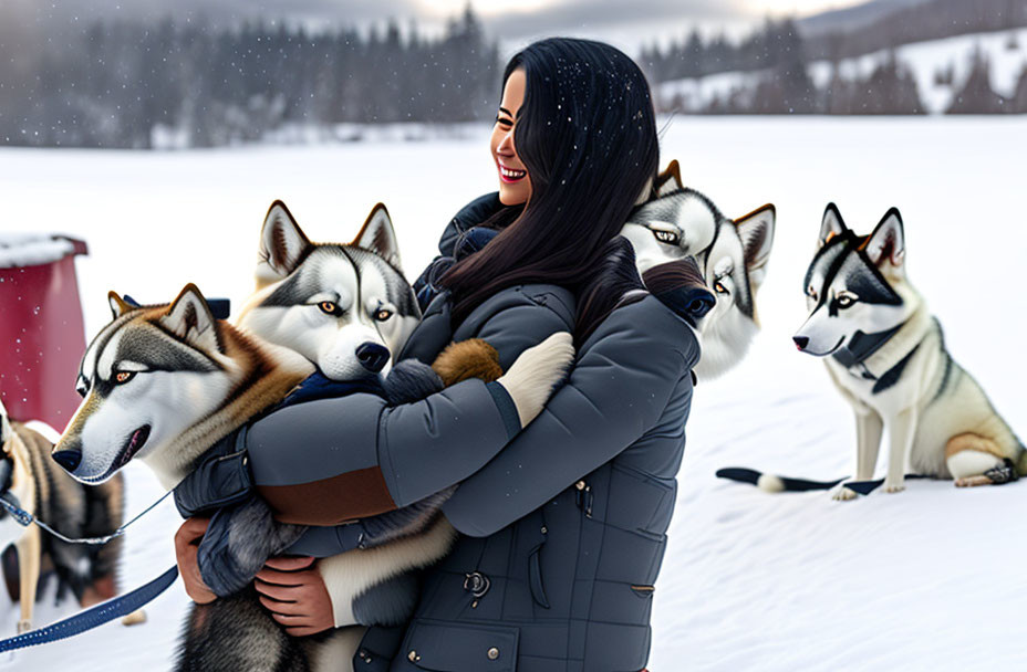 A woman with Huskies 