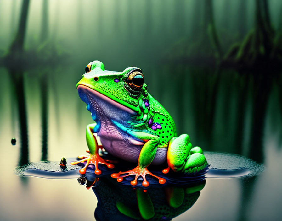 Colorful Frog Sitting on Leaf with Reflection in Water