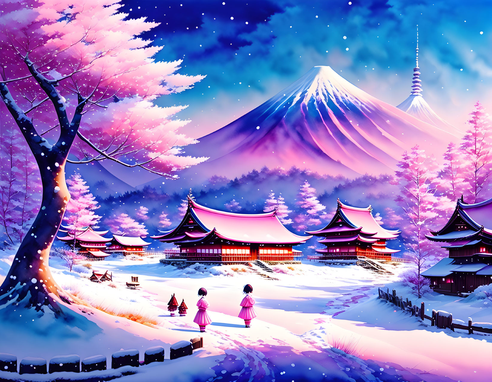 Snow-covered Japanese village with pink sakura trees and Mount Fuji in twilight
