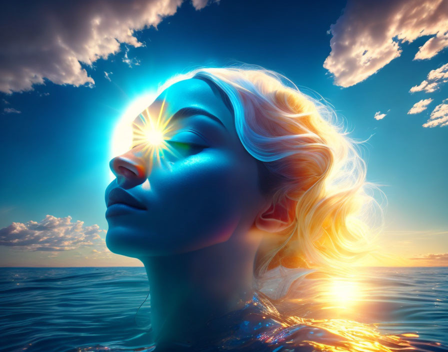 Blue-skinned woman merges with ocean under sunlight and clouds.