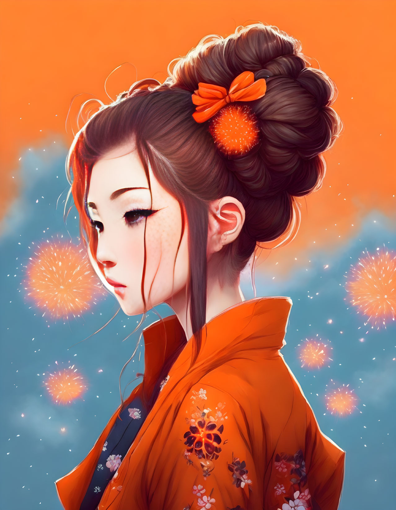 Profile view of woman with elaborate bun and orange flower accessory in traditional outfit, with floral patterns against fireworks
