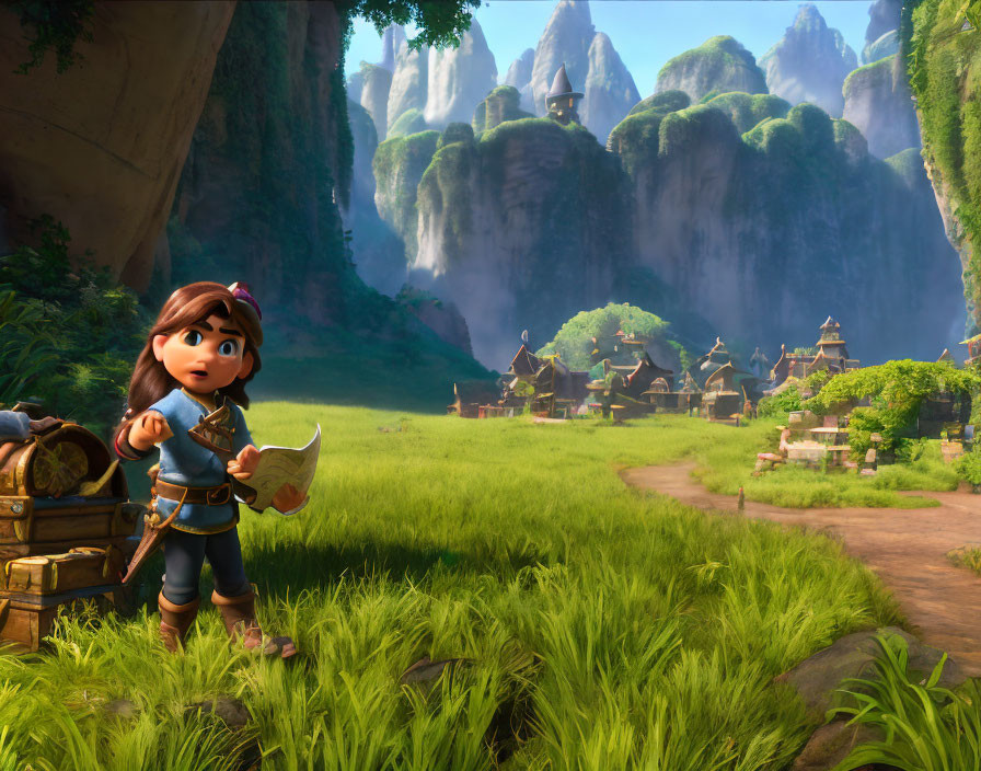 Young adventurer with map and sword in lush green valley