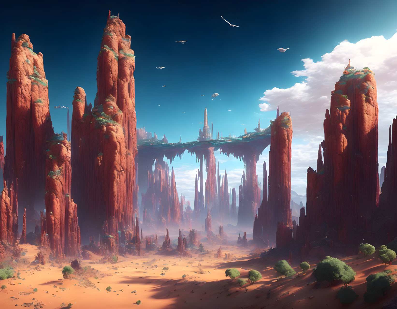 Fantastical red rock formations with city bridges under clear blue sky