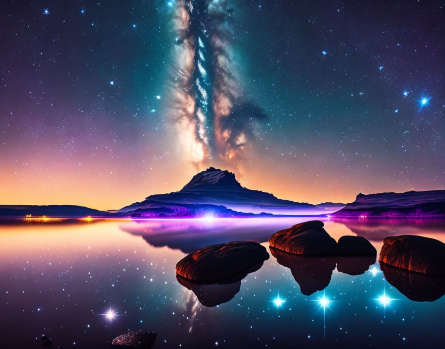 Night landscape with vibrant Milky Way over mountain and reflected lake
