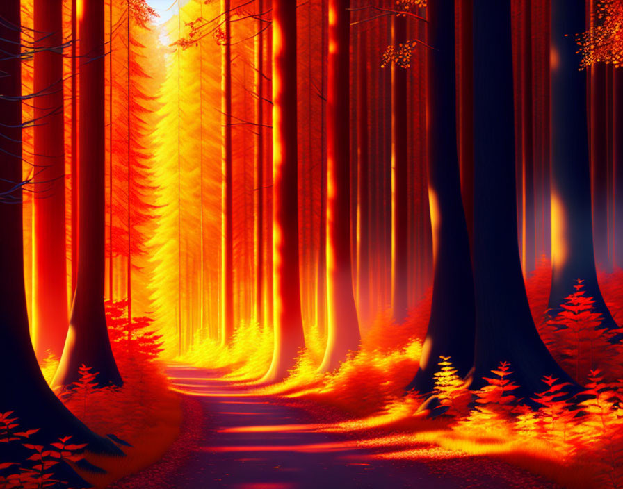 Mystical forest path with towering trees and glowing firefly-like specks