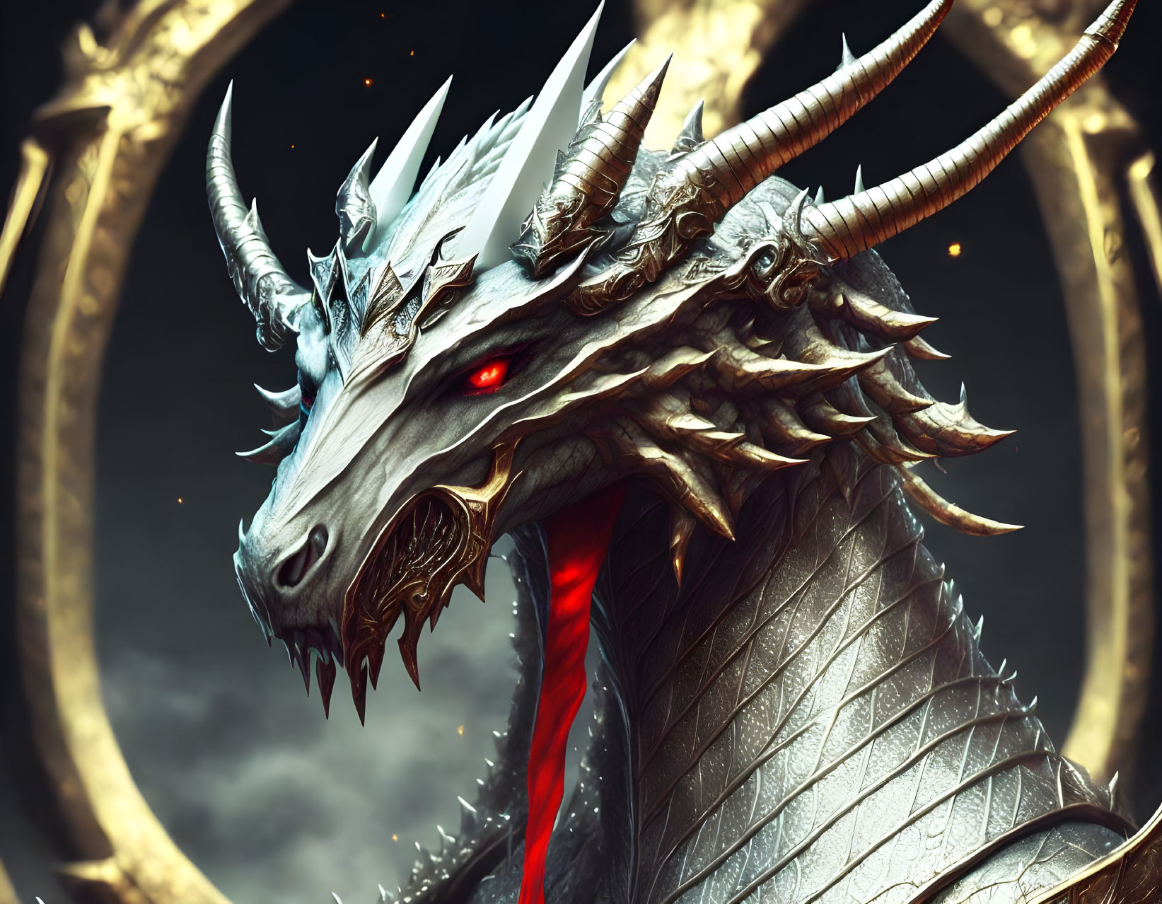 Silver-Blue Dragon with Red Eyes and Horns on Golden Circles