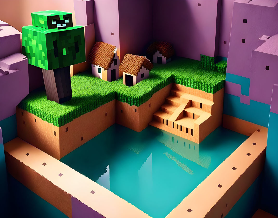 Blocky 3D-rendered landscape with character, houses, trees, and grass on floating islands