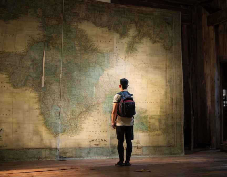 Boy staring at a large map