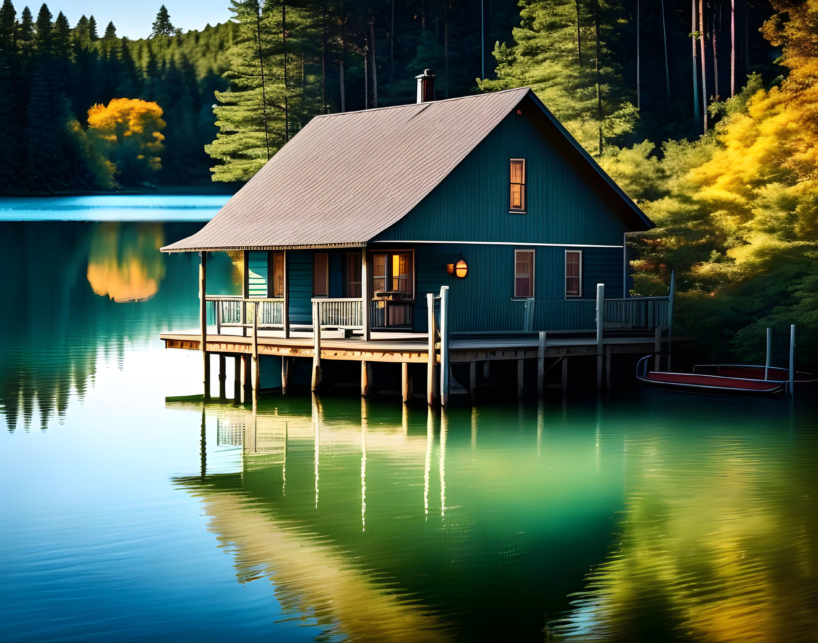 Tranquil Lakeside Cabin with Deck Over Calm Waters