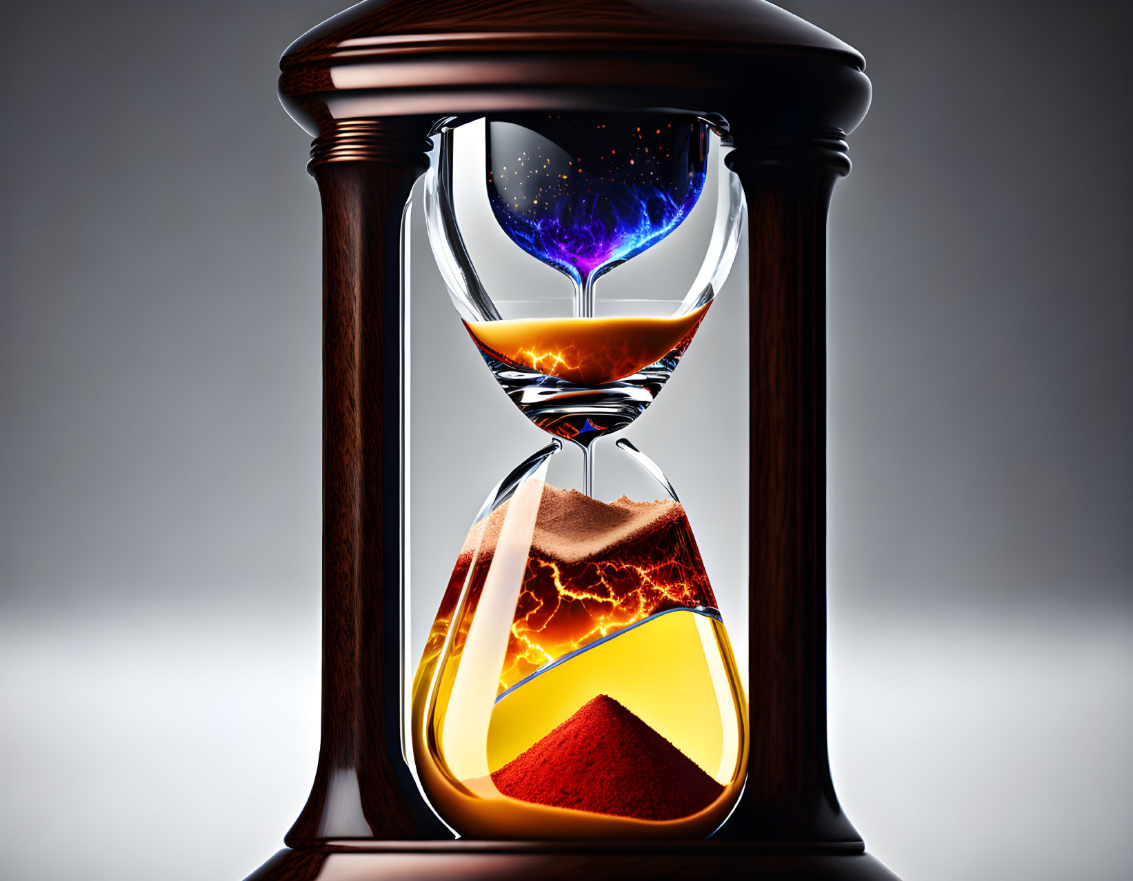 Stylized hourglass with earth element layers on neutral backdrop