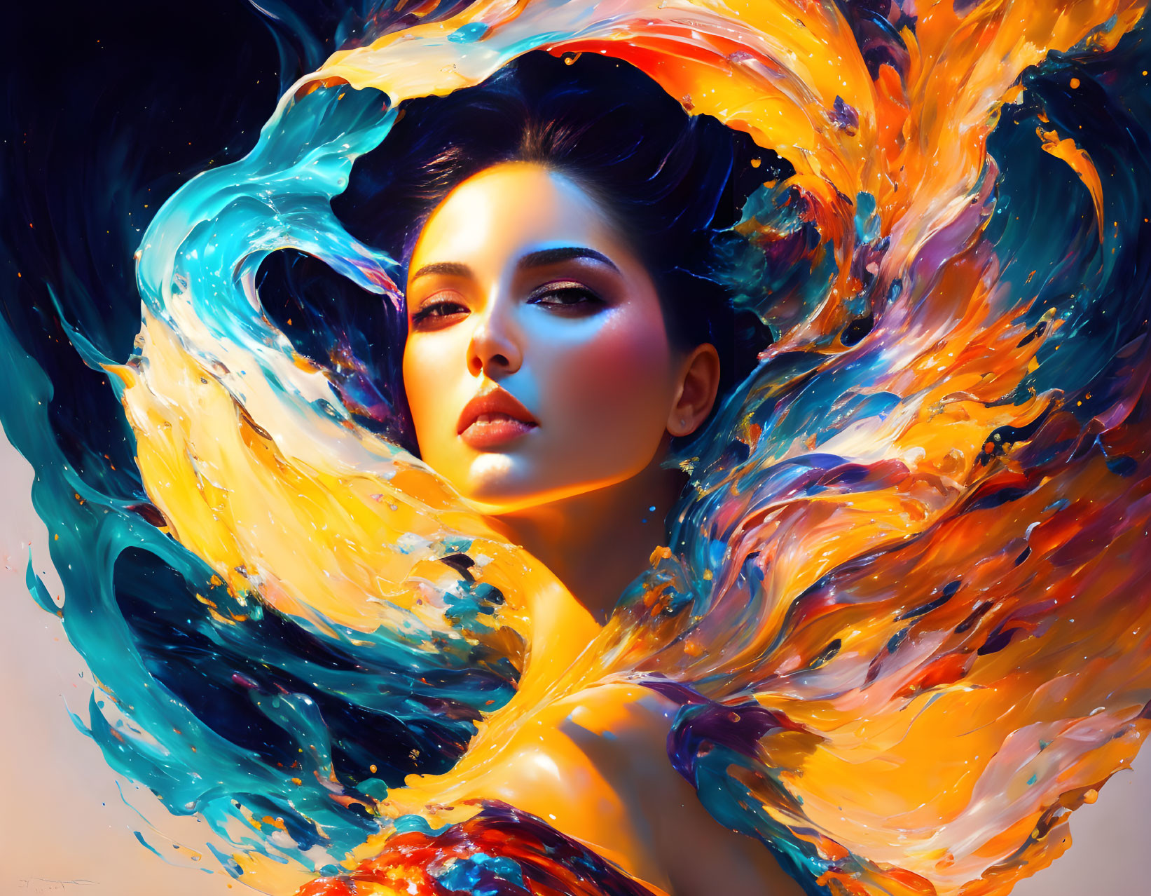 Vibrant swirling aura around woman with striking features