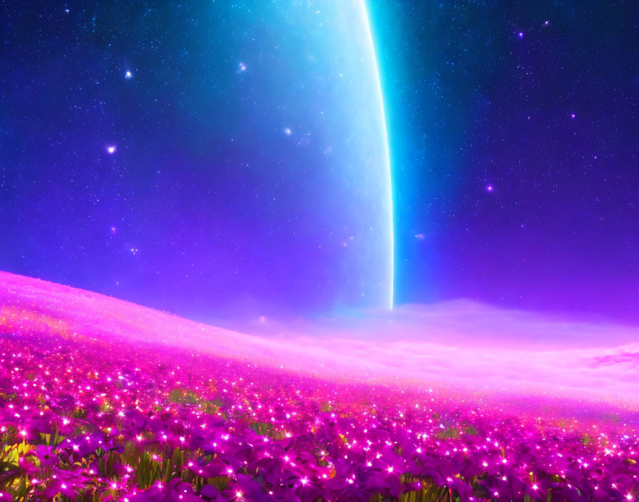 Digital Art: Purple Flower Field Under Starry Sky with Celestial Body Emitting Blue Light