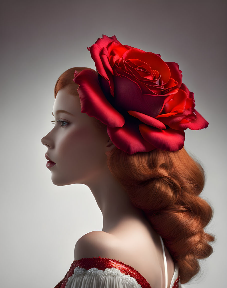 Portrait of woman with pale skin and red hair styled in braid with vibrant red rose.