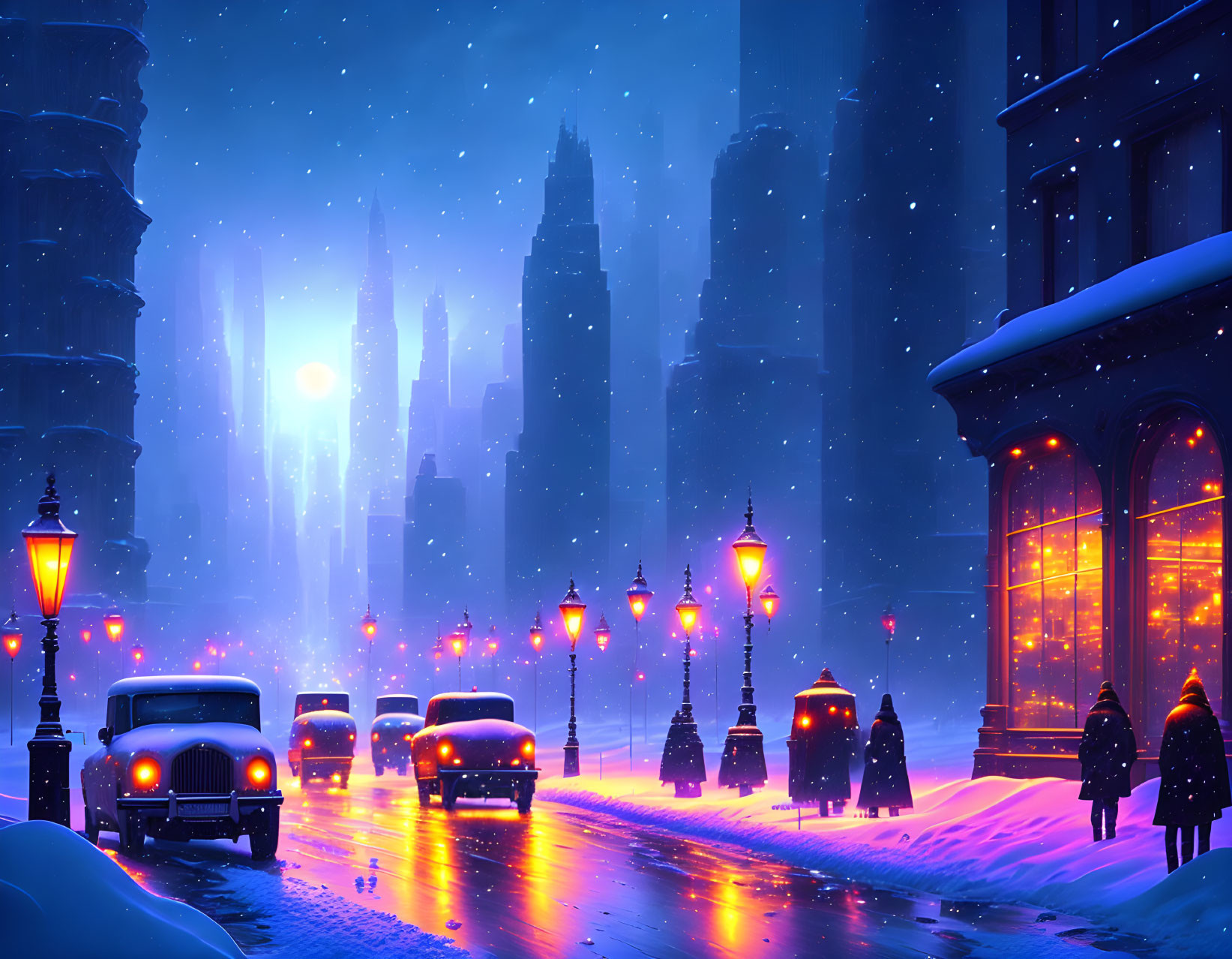 Snowy City Night Scene with Street Lamps, Cars, and Pedestrians
