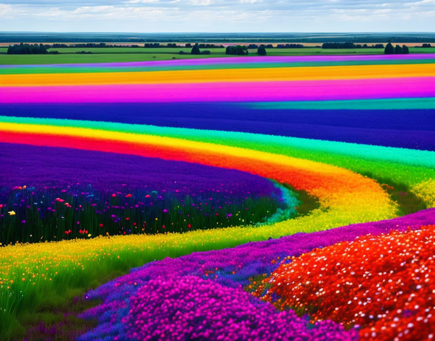 Colorful Flower Field Under Blue Sky with Clouds
