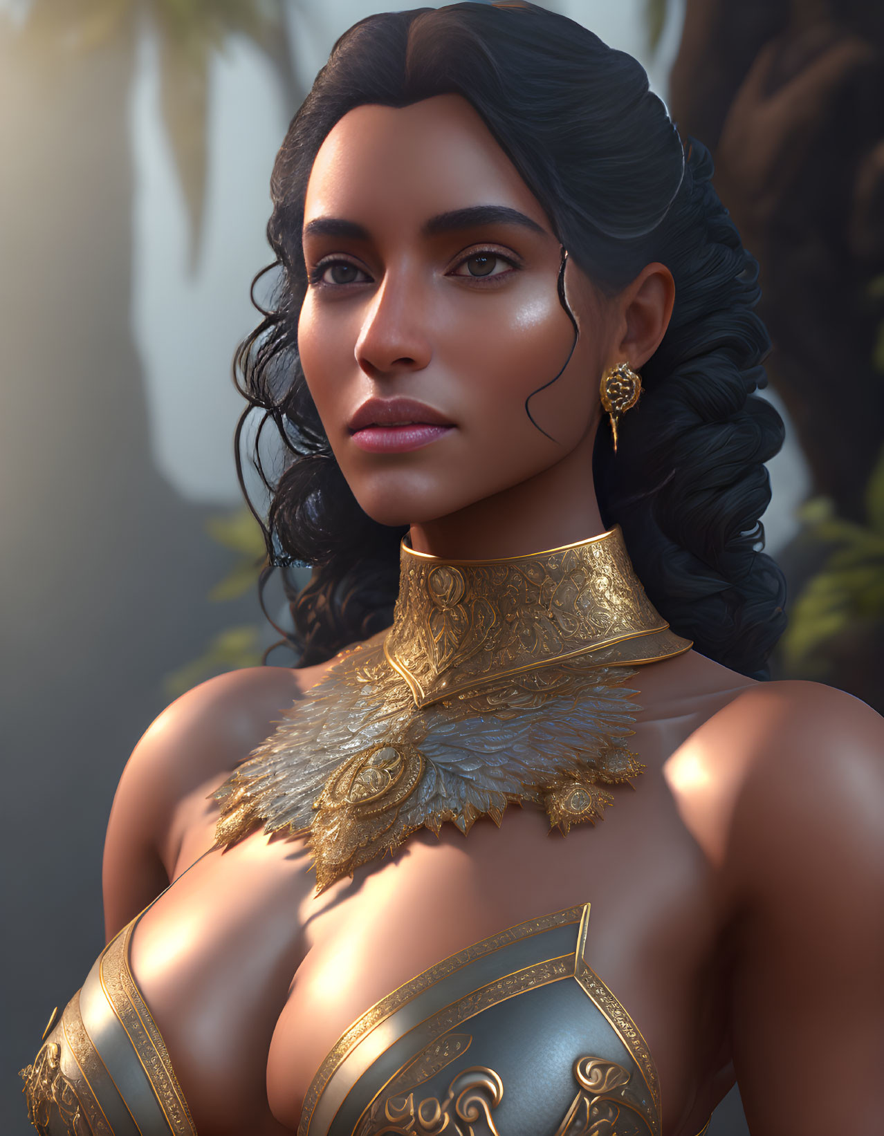 Digital portrait of woman in braid with golden jewelry and ornate armor
