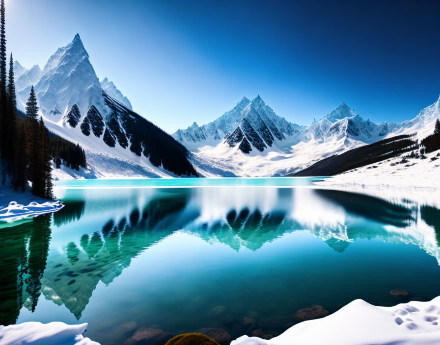 Serene alpine lake with vivid blue reflection of snow-capped mountains