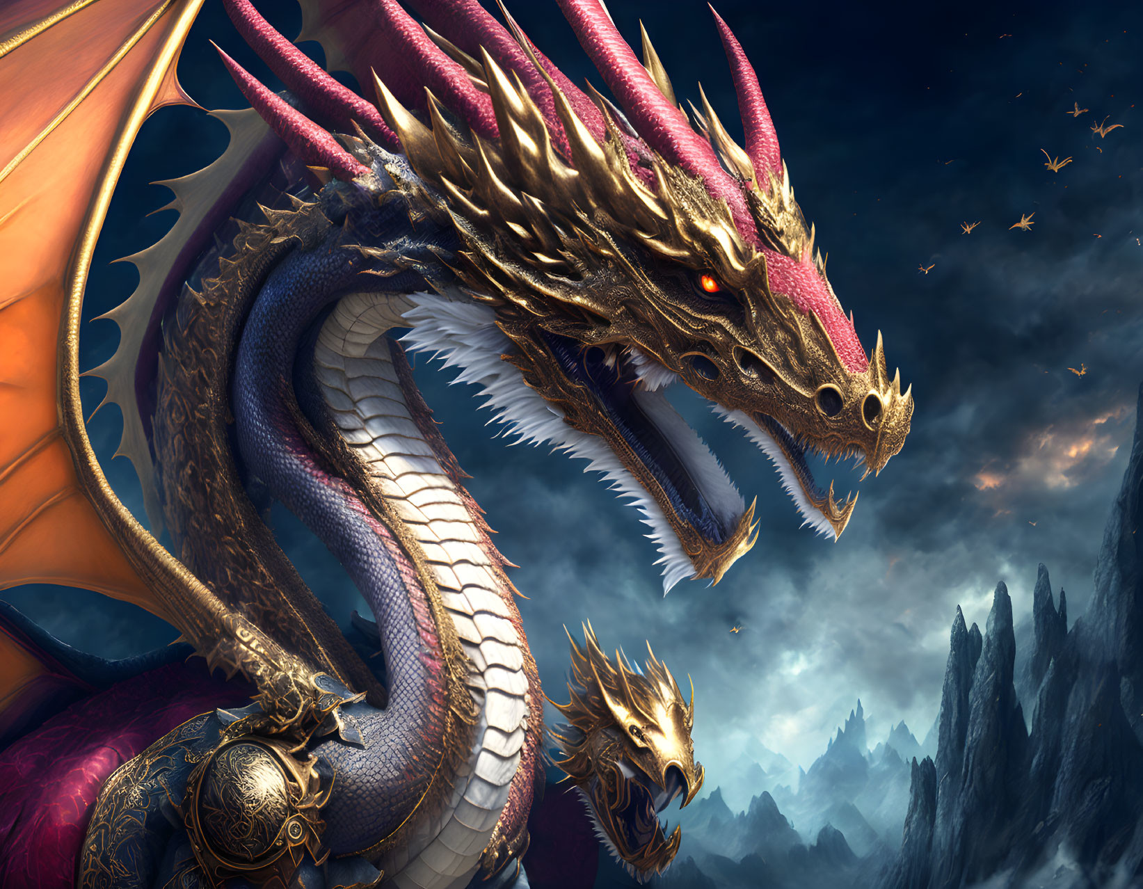 Majestic dragon with red eyes and horns in fiery mountain landscape