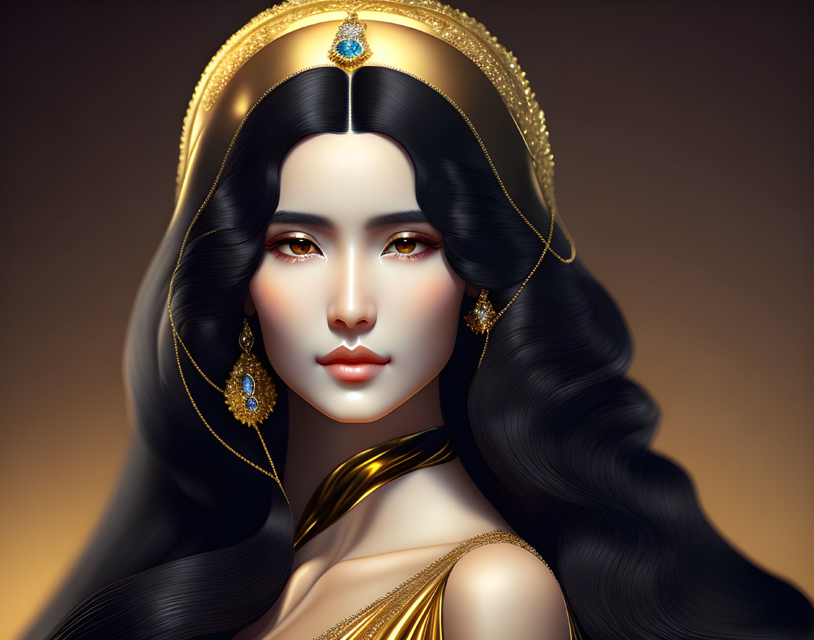Woman with Long Black Hair and Golden Jewelry in Elegant Pose