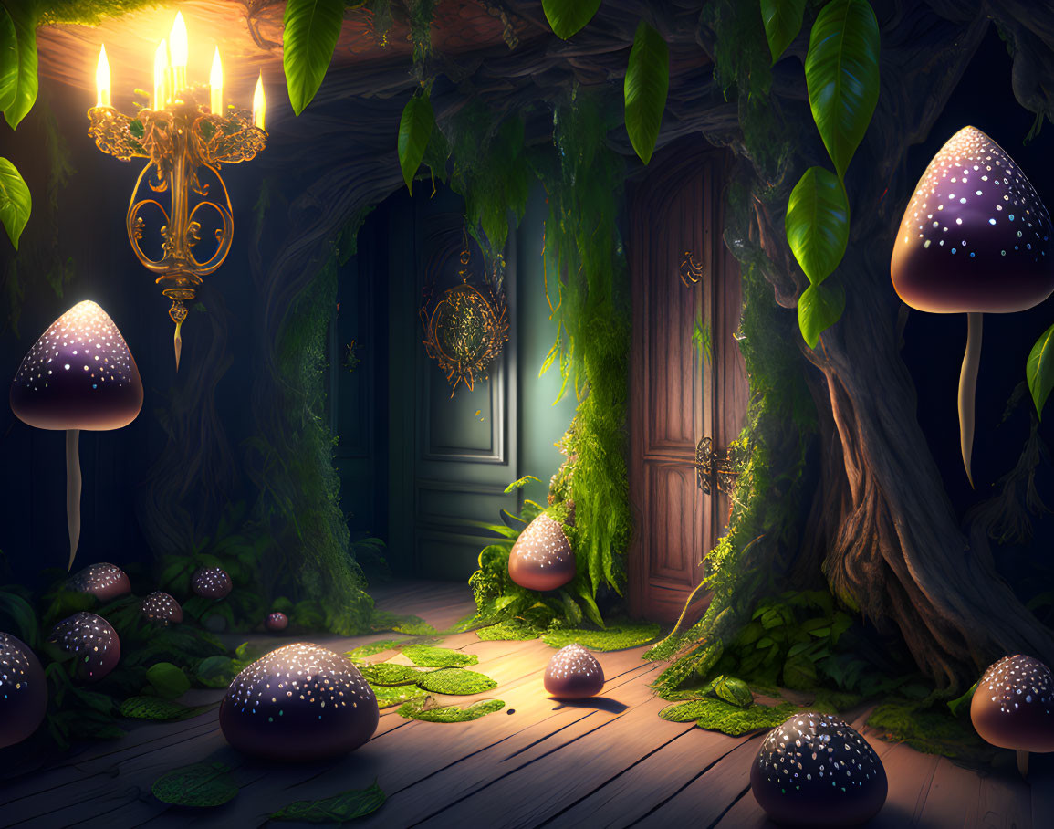 Enchanted forest interior with glowing mushrooms, chandelier, wooden doors