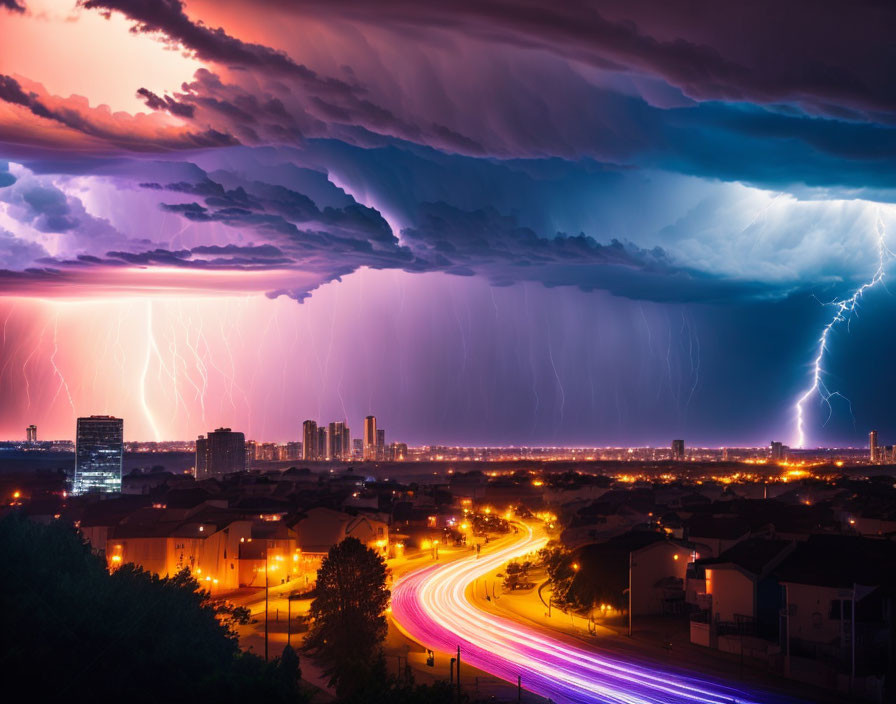 Cityscape at Night with Lightning Streaks and Heavy Rain