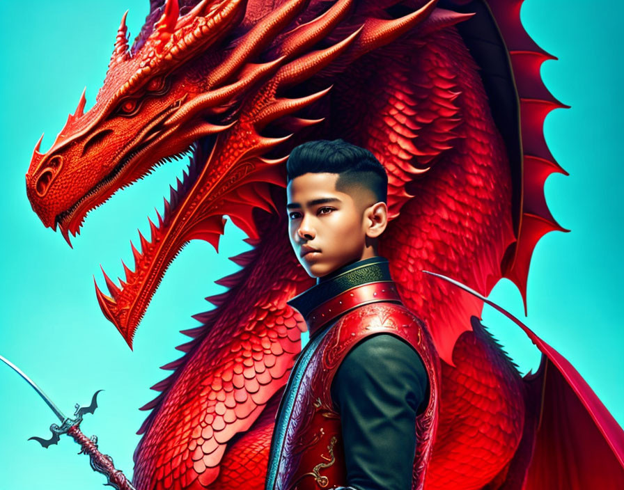 Young man in red-trimmed jacket with red dragon on turquoise backdrop