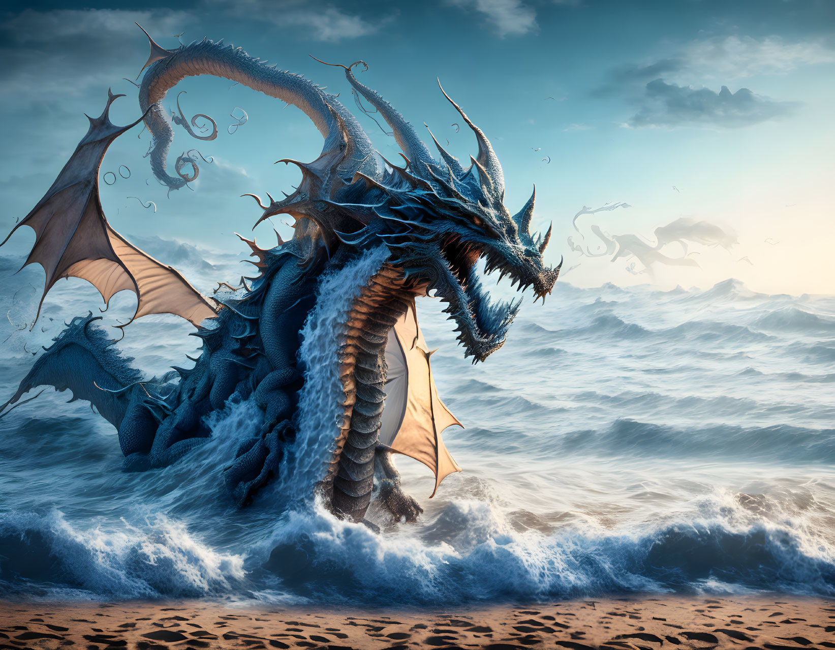 Blue dragon with long horns and expansive wings by stormy seaside