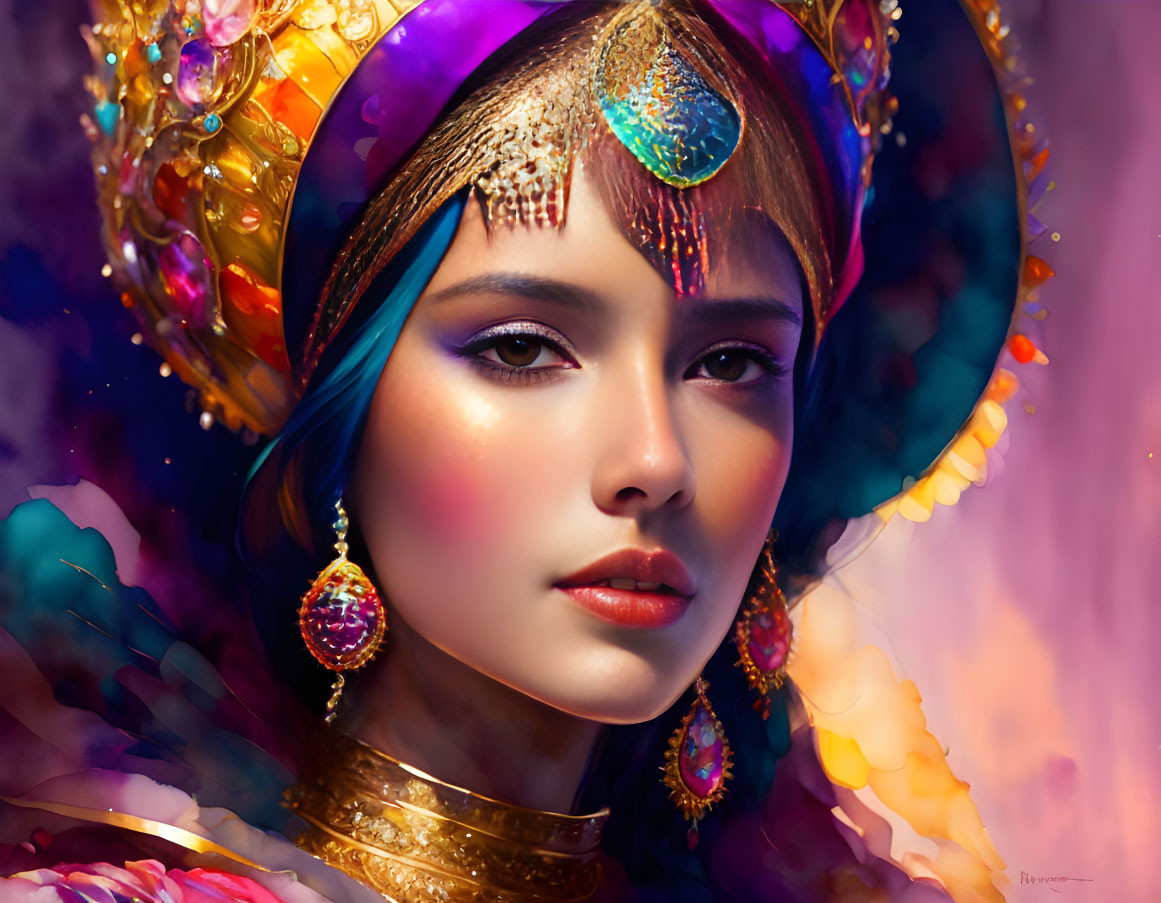 Colorful portrait of woman with vibrant headpiece and jewelry